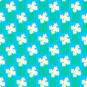 Tall Daisy Flowers Mini Garden Blooms On Turquoise Blue Half Drop Retro Scandi Modern Floral Pattern With White And Yellow Accents