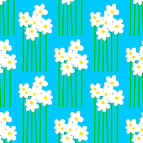 Tall Daisy Flowers Garden Blooms On Turquoise Blue Half Drop Retro Scandi Modern Floral Pattern With White And Yellow Accents
