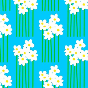 Tall Daisy Flowers Big Garden Blooms On Turquoise Blue Half Drop Retro Scandi Modern Floral Pattern With White And Yellow Accents
