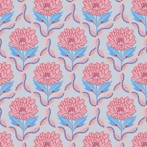 Pink graphical peony flowers on soft blue decorative trellis backdrop  - small.