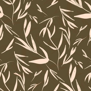 Hand drawn layered leaves cream on olive green background