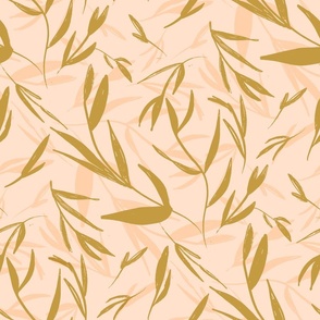 Hand drawn layered leaves in green on pink beige