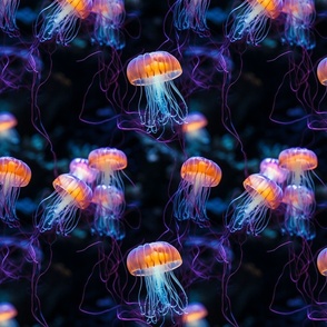 Glowing Jelly fish in the dark ocean