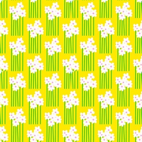 Tall Daisy Flowers Mini Garden Blooms On Bright Yellow Half Drop Retro Scandi Modern Floral Pattern With White And Hot Pink Accents