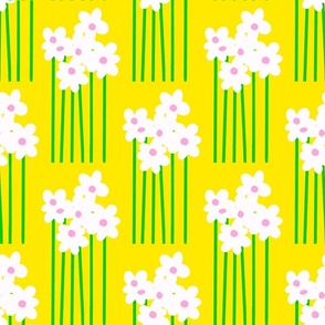 Tall Daisy Flowers Garden Blooms On Bright Yellow Half Drop Retro Scandi Modern Floral Pattern With White And Hot Pink Accents
