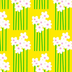 Tall Daisy Flowers Big Garden Blooms On Bright Yellow Half Drop Retro Scandi Modern Floral Pattern With White And Hot Pink Accents