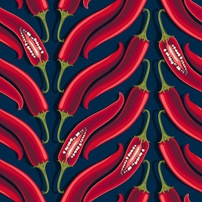 Large vertical stripes of hot peppers on a dark blue background