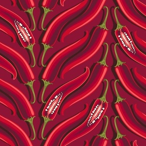 Large vertical stripes of hot peppers on a dark red background