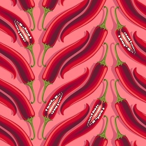 Large vertical stripes of hot peppers on a pink background
