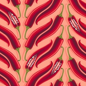 Large vertical stripes of hot peppers on a light orange background
