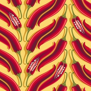 Large vertical stripes of hot peppers on a yellow background