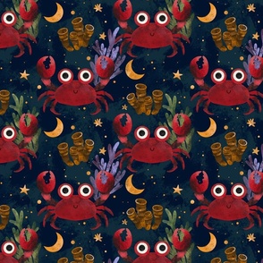Cute Red Crab Beach Starry Night Sky Pattern With Sea Plants, Stars And Moons 