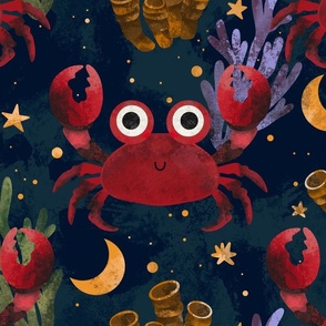 (Large Scale) Cute Red Crab Beach Starry Night Sky Pattern With Sea Plants, Stars And Moons