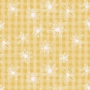 Yellow Daisy Flowers on Sketchy Gingham Plaid