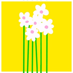 Tall Daisy Flowers Garden Rows White Blooms With Bright Yellow, Rose Pink And Green Stems Retro Scandi Modern Floral Pattern