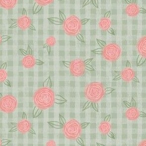 Pretty Pink Roses on Green Plaid Gingham