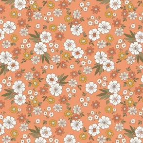 Retro Flowers – Boho Floral, 1960s and 1970's Floral, mustard pink and orange (12" repeat- flw14)