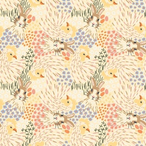 (S) Easter Meadow Joy, Cute Chickens and Bunnies on Soft Yellow
