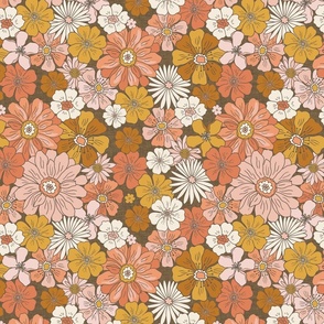  Retro Flowers – Boho Floral, 1960s and 1970's Floral, mustard pink and orange on brown linen (12" repeat- flw6)