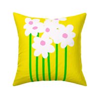 Tall Daisy Flowers Big Garden Rows White Blooms With Bright Yellow, Rose Pink And Green Stems Retro Scandi Modern Floral Pattern