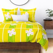 Tall Daisy Flowers Big Garden Rows White Blooms With Bright Yellow, Rose Pink And Green Stems Retro Scandi Modern Floral Pattern