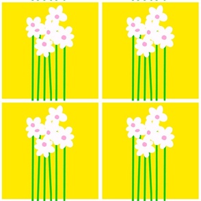 Tall Daisy Flowers Mini Garden Rows White Blooms With Bright Yellow, Rose Pink And Green Stems Retro Scandi Modern Floral Pattern