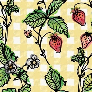 Climbing Strawberry Vines in Watercolor on Gingham Check - Retro Yellow