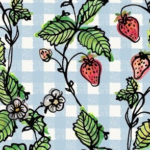 Climbing Strawberry Vines in Watercolor on Gingham Check - Baby Blue