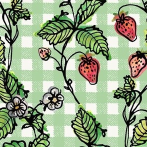 Climbing Strawberry Vines in Watercolor on Gingham Check - Soft Green