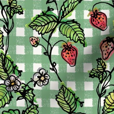 Climbing Strawberry Vines in Watercolor on Gingham Check - Smoked Green