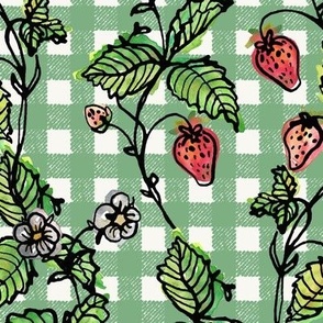 Climbing Strawberry Vines in Watercolor on Gingham Check - Smoked Green