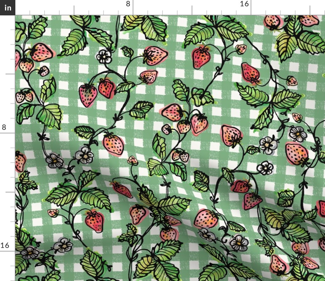 Climbing Strawberry Vines in Watercolor on Gingham Check - Smoked Green