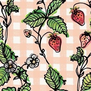 Climbing Strawberry Vines in Watercolor on Gingham Check - Soft Coral