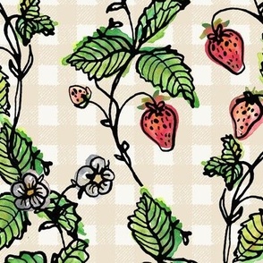 Climbing Strawberry Vines in Watercolor on Gingham Check - Warm Yellow