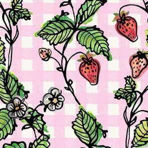 Climbing Strawberry Vines in Watercolor on Gingham Check - Baby Pink