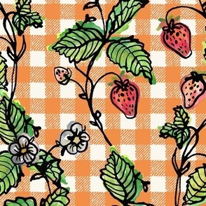 Climbing Strawberry Vines in Watercolor on Gingham Check - Warm Orange