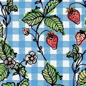 Climbing Strawberry Vines in Watercolor on Gingham Check - Sky Blue
