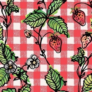 Climbing Strawberry Vines in Watercolor on Gingham Check - Retro Red