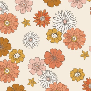 XL Retro Flowers – 1960s and 1970's Floral, mustard pink and orange (24" repeat- flw3)