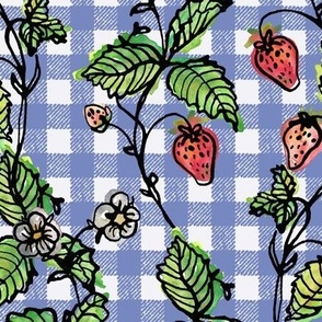 Climbing Strawberry Vines in Watercolor on Gingham Check - Old Blue