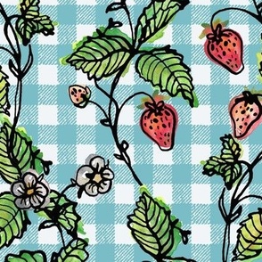 Climbing Strawberry Vines in Watercolor on Gingham Check - Retro Turquise