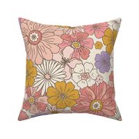 XL Retro Flowers – 1960s and 1970's Floral, mustard peach pink and orange on beige (24" repeat- flw5)
