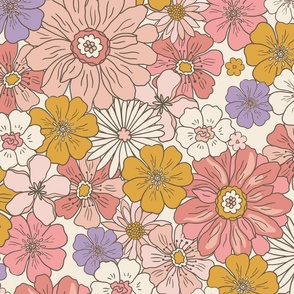 XL Retro Flowers – 1960s and 1970's Floral, mustard peach pink and orange on beige (24" repeat- flw5)