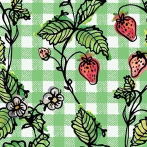 Climbing Strawberry Vines in Watercolor on Gingham Check - Retro Green