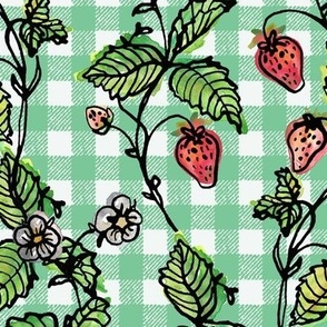 Climbing Strawberry Vines in Watercolor on Gingham Check - Fresh Green