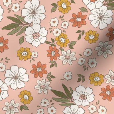 Retro Flowers – 1960s and 1970's Floral, mustard pink peach and orange (12" repeat- flw18)