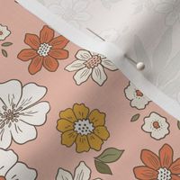 Retro Flowers – 1960s and 1970's Floral, mustard pink peach and orange (12" repeat- flw18)