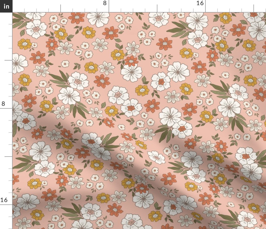 Retro Flowers – 1960s and 1970's Floral, mustard pink peach and orange (12" repeat- flw18)