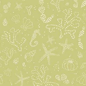 Dotty underwater scene with seaweed, seahorses, shells, cream on dill green
