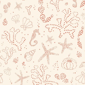 Dotty underwater scene with seaweed, seahorses, shells, coral on cream ivory